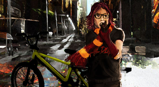 Dara from 1337cREw and her bike. Forget cars; everyone will ride bikes in the zombpocalpyse